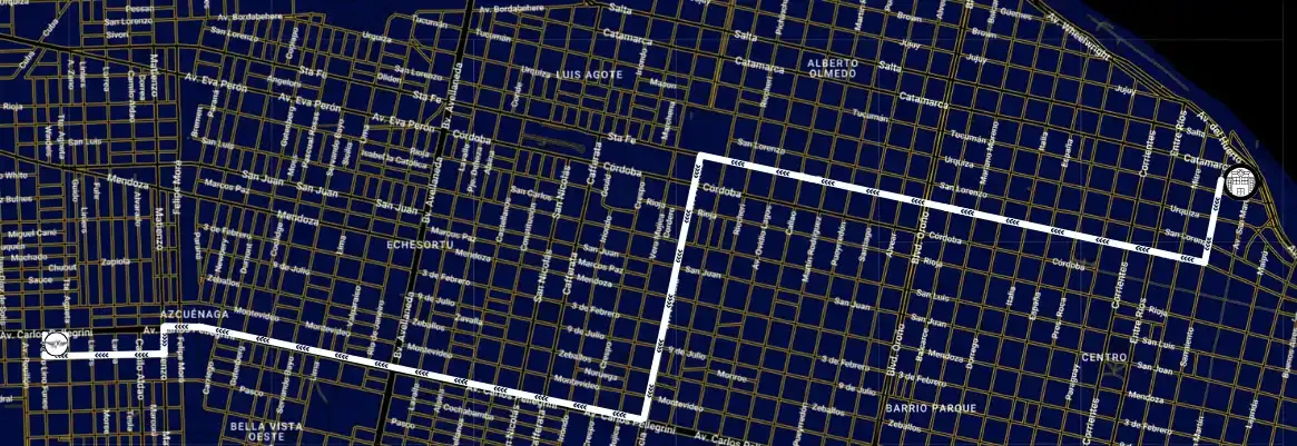 Mapa del recorrido desde el Policlínico PAMI I hacia Cochería Carloni, Tte. Agneta 1774, Rosario