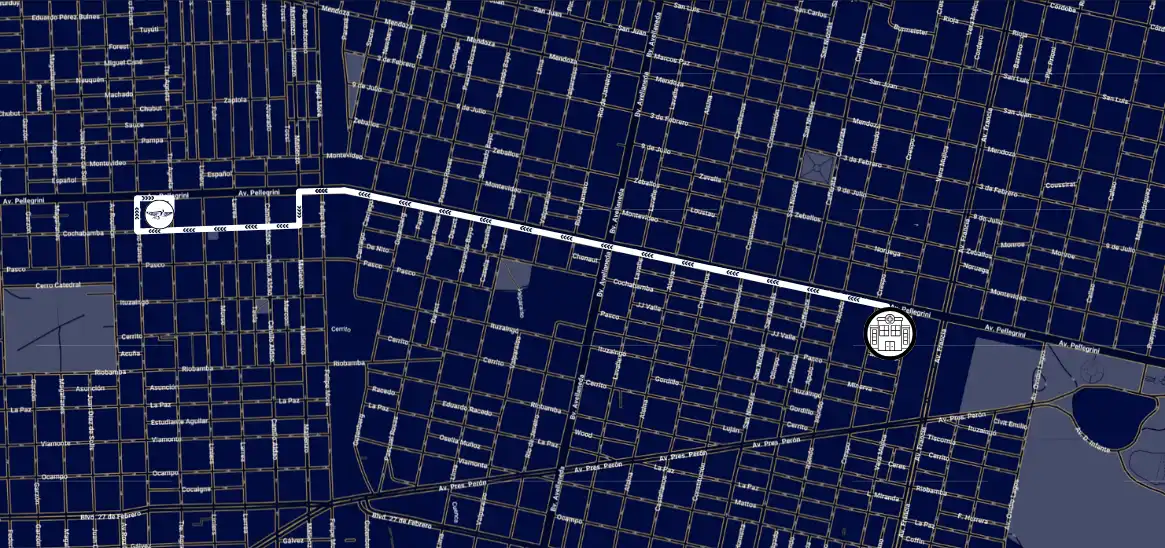 Mapa ilustrativo de la ruta de traslado desde el Hospital HECA hacia Cochería Carloni en Zona Oeste, Rosario